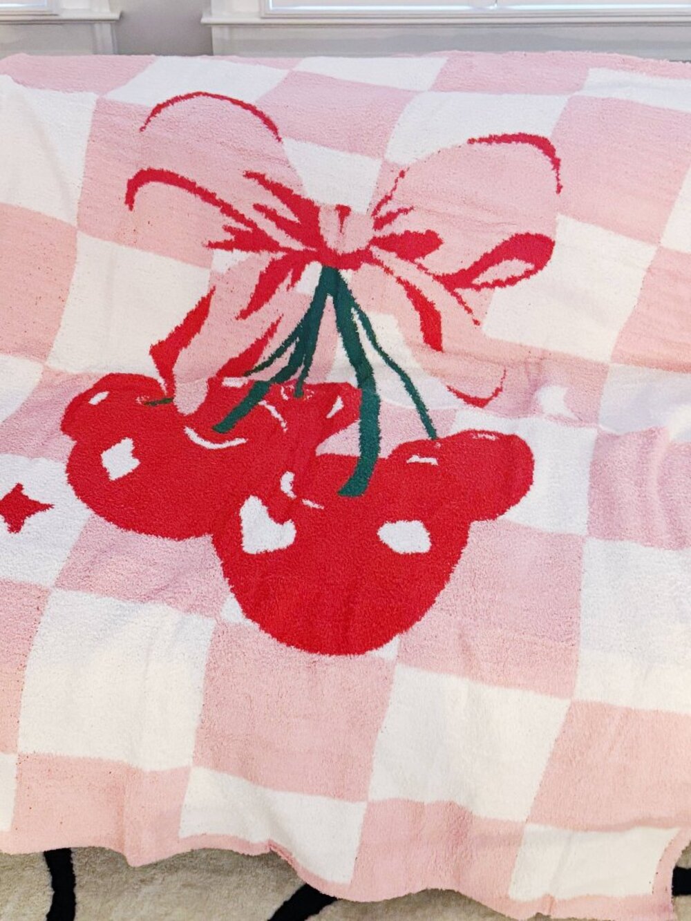 Cherry Bow Check Blanket Soft Checkered Cherry Throw NWT